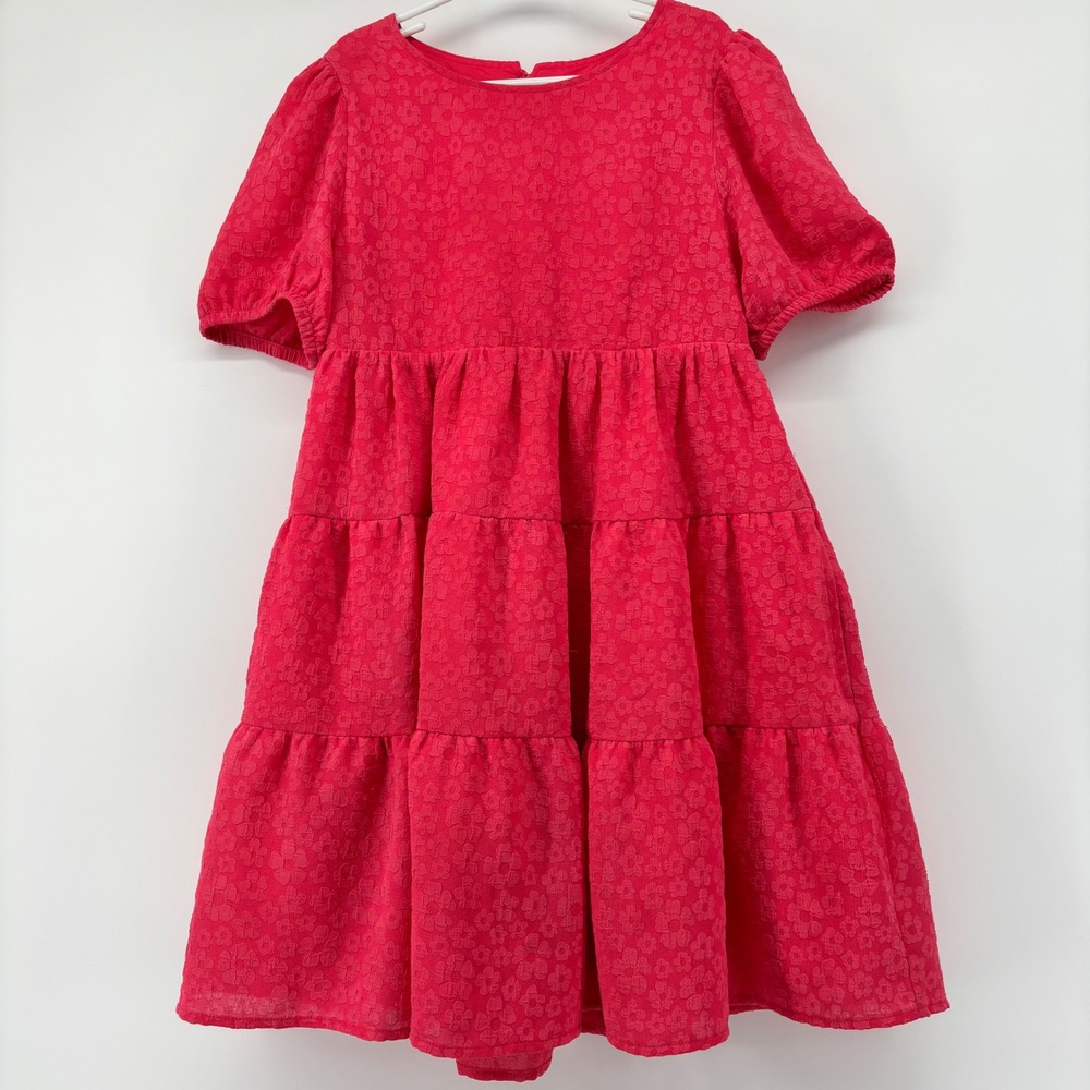 Cat & Jack Girls Coral Pink Floral Jacquard Tiered Cutout Back Dress 
Sz L 10/12
